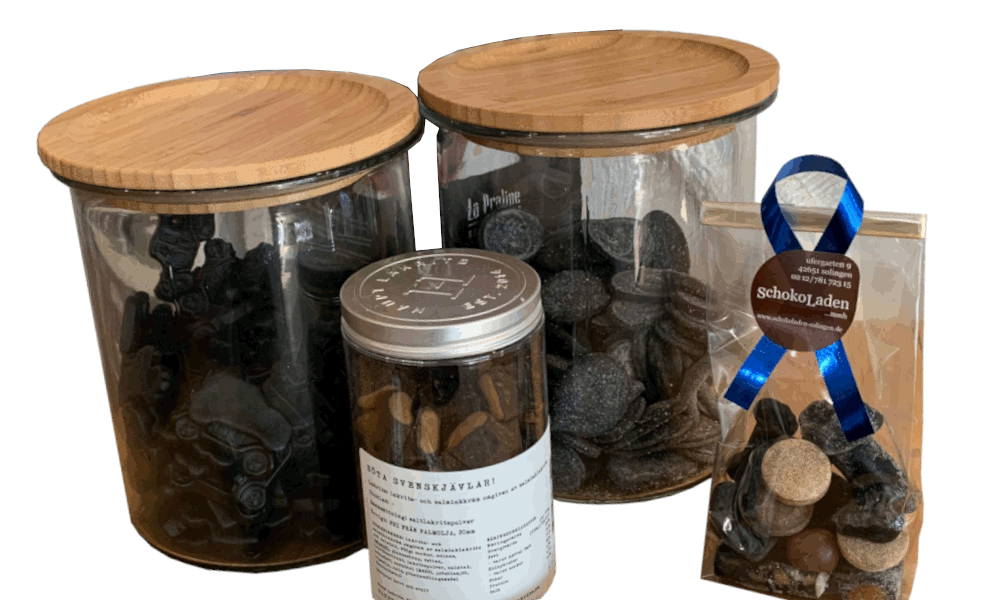 Lakritz in diversen Gläsern und in Geschenkverpackung